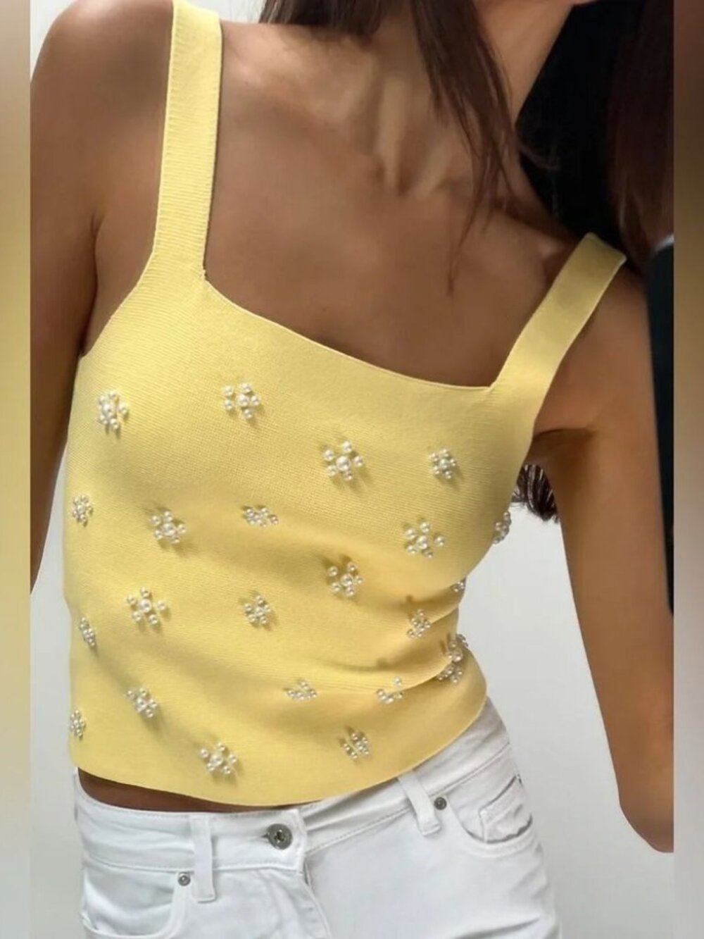 Zara Knit Top with Faux Pearls in Yellow *SOLD OUT STYLE*